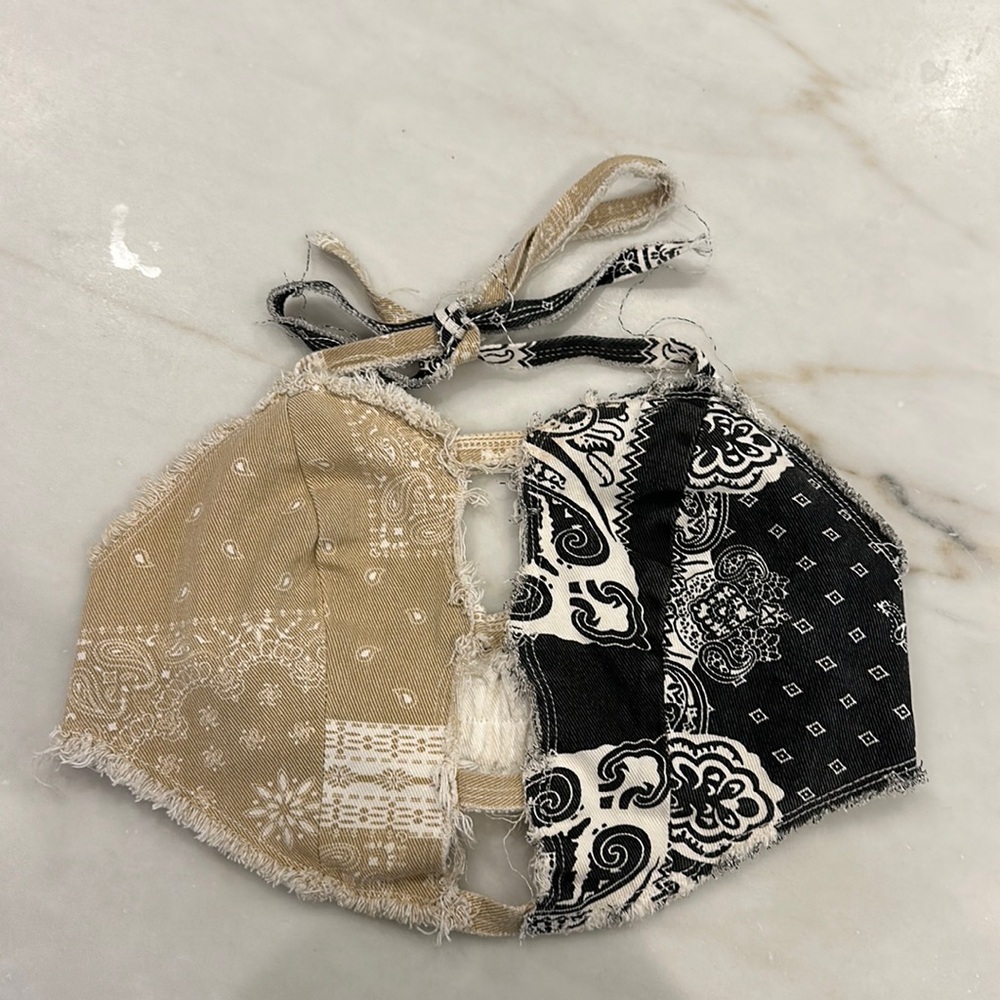 Paisley print denim halter crop top in size medium.